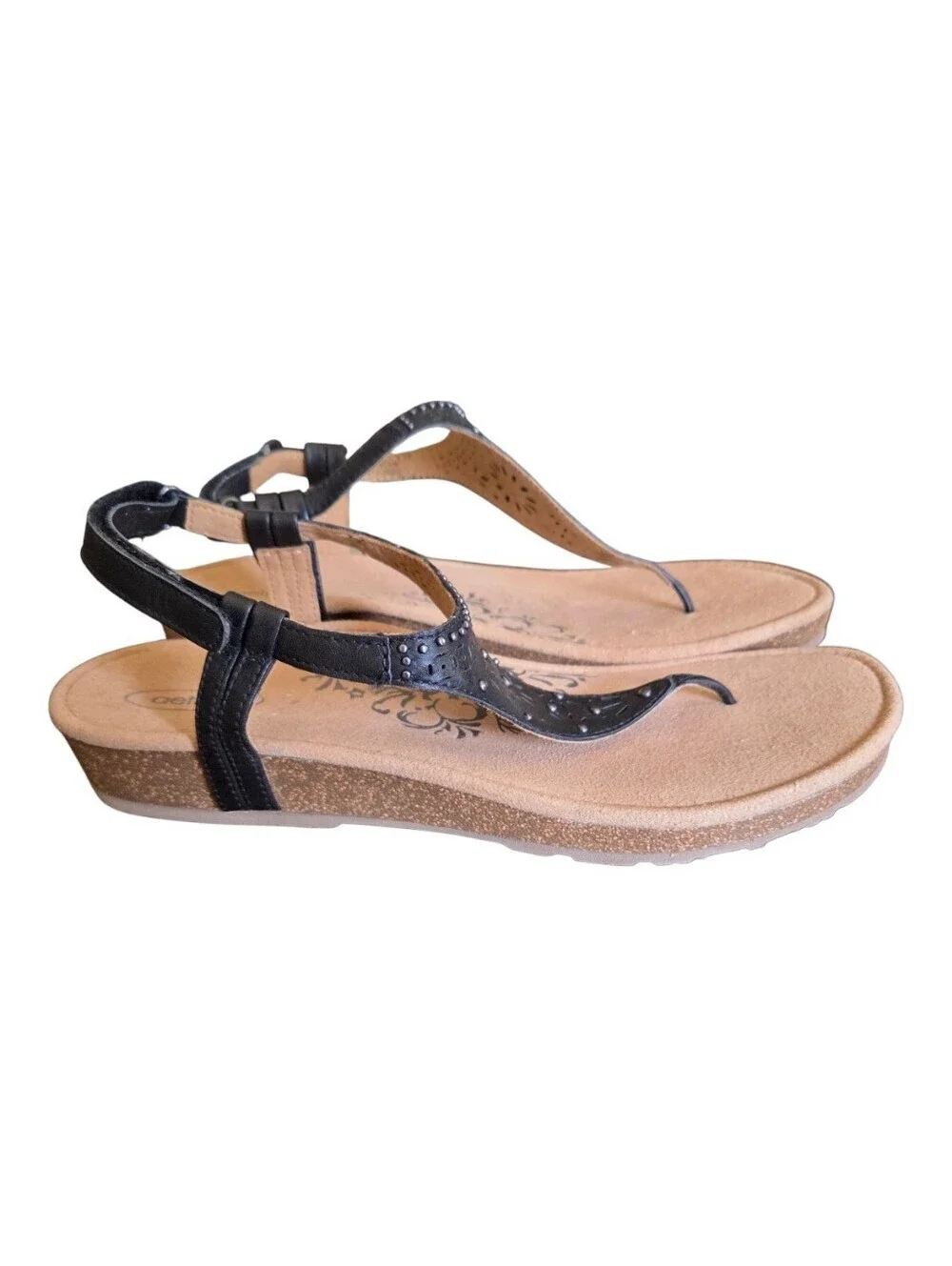 AETREX Evelyn Black T Strap Thong Leather Wedge Sandals Size 10